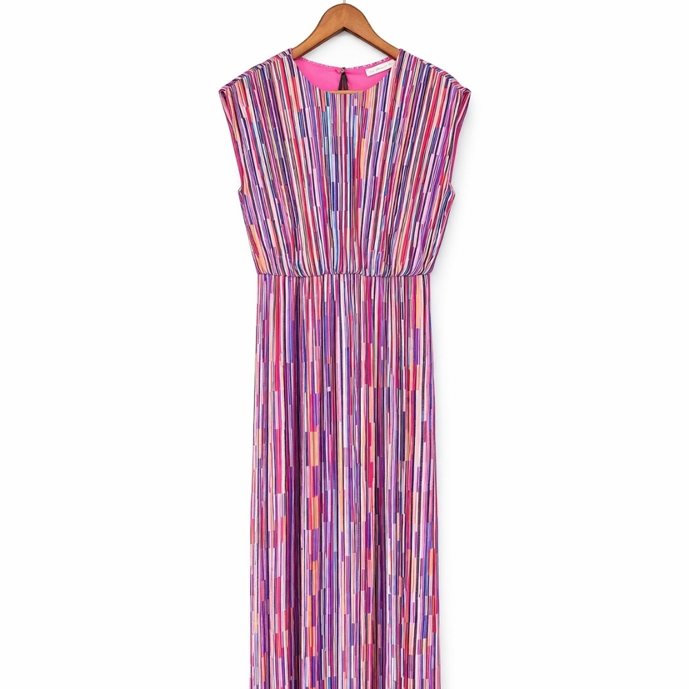 Multicolor Striped Maxi Dress Elastic Waist Pleated Fabric Ces Femme Elegant